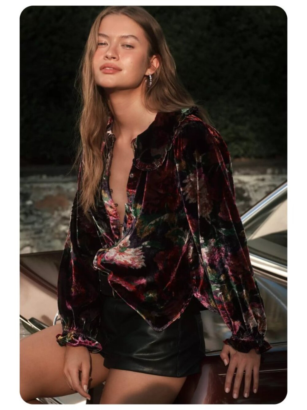 Anthropologie Pilcro Keira Collared Button Front Long Sleeve Velvet Blouse sz L